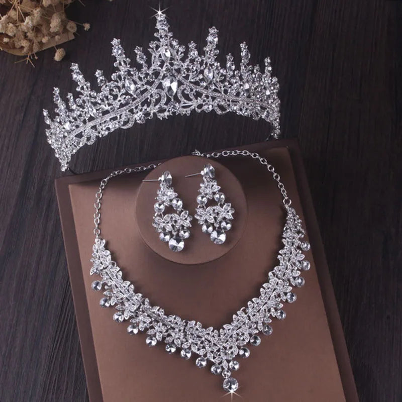 Luxury Silver Color Crystal Water Drop Bridal Jewelry Sets Rhinestone Tiaras Crown Necklace Earrings Wedding Dubai Jewelry Set TS-0002-I-XL-0003-A Tiaras
