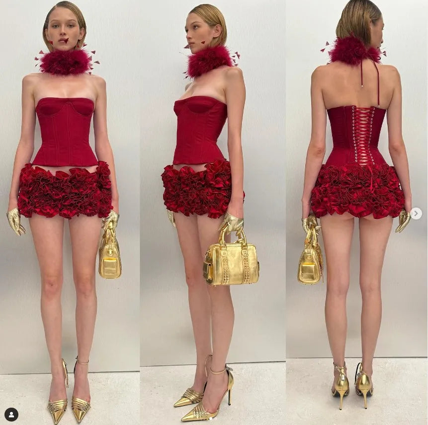 Red color Back Lacing Body shaping Strapless Top And Stereoscopic Flowers Mini Skirt 2 pieces Woman Birthday Party Dress