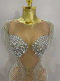 Sparkly Diamonds Crystal Sexy Mesh See Through Mini Dress Women Birthday Party Club Celebrate Stage Performance Costume