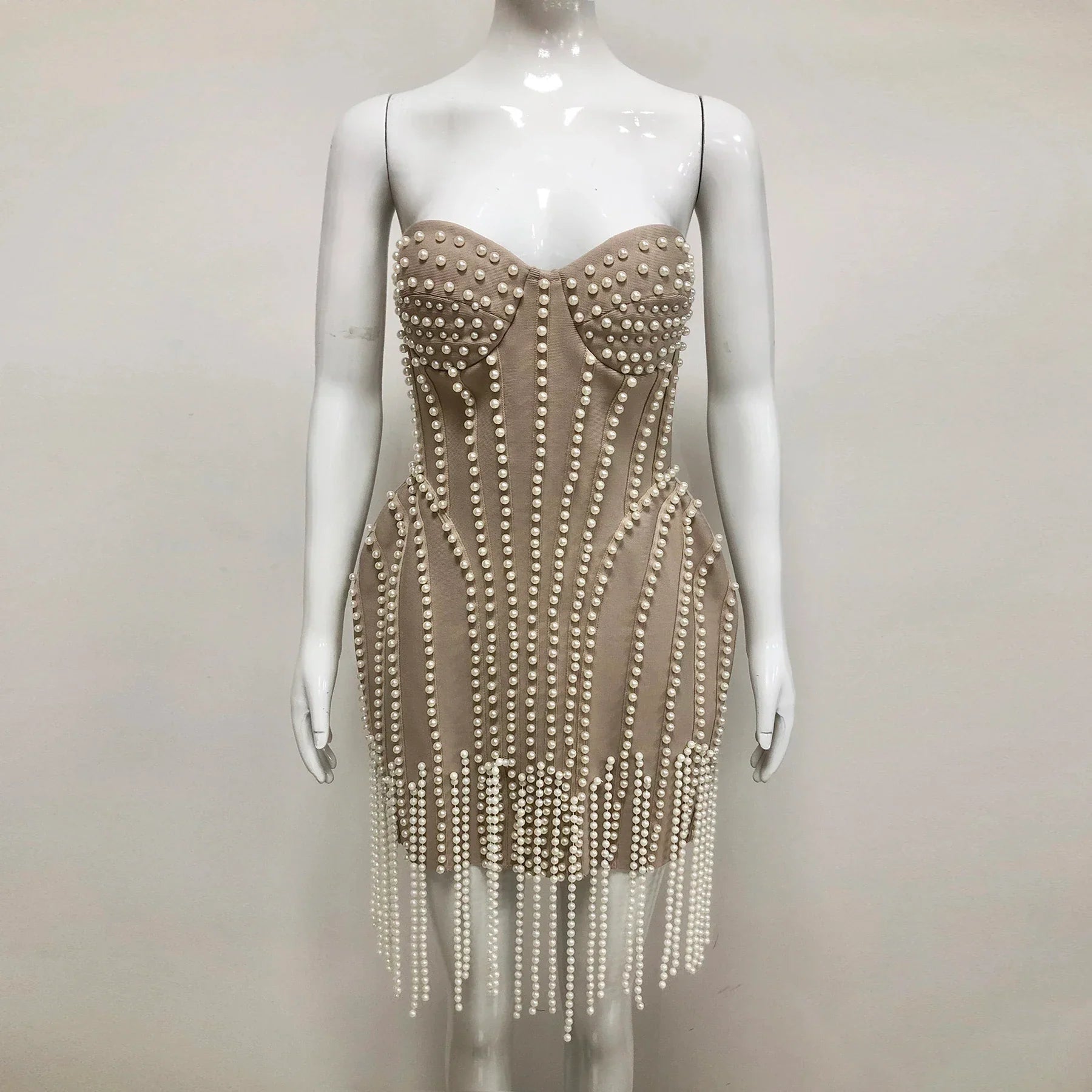 Exquisite Pearl Beading Strapless Khaki Color Bandage Mini Dress Fashion Woman Birthday Party Vestido Evening Party Outfit