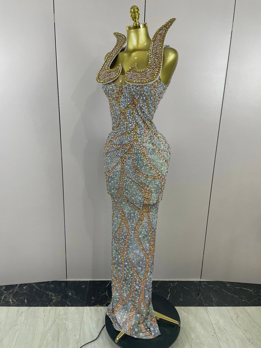 Luxury Crystals Diamonds Slit elegant Sheath Fishtail Dress Women Sexy Evening Party Performance Photoshoot Stage Dress MULTI