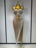 Women Sexy Singer Performan Costume Nightclub Girl Sparkly Sequin Tassel Two Piece Set Evening Party Luxury Birthday Outfit Beige