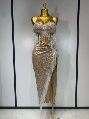 Women Sexy Singer Performan Costume Nightclub Girl Sparkly Sequin Tassel Two Piece Set Evening Party Luxury Birthday Outfit Beige