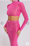 Sparkling square Diamonds Sexy Mesh See Through Top And Skirt Woman Fashion Set High Street Wear Evening Party Outfit