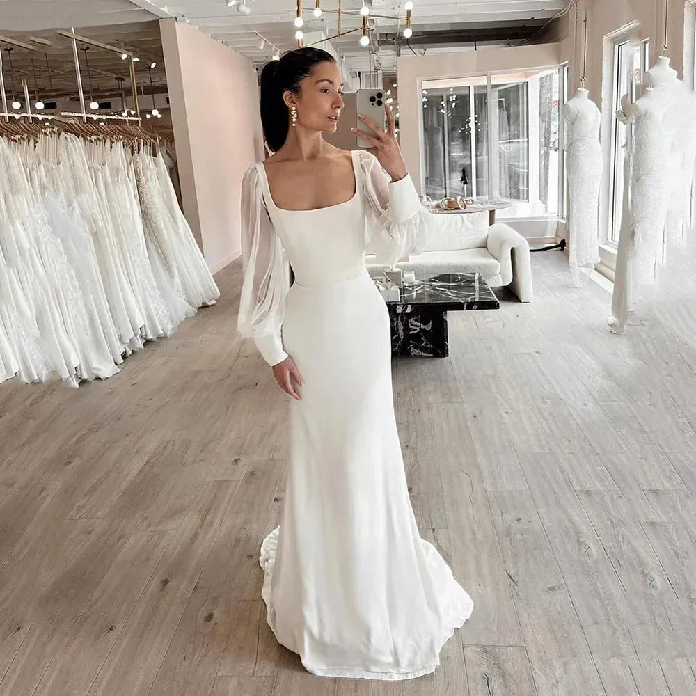Wedding Dresses For Woman Long Sleeves Square Neck Bride Gowns Long Bridal Gowns Customize To Measures Robe De Mariee 14w