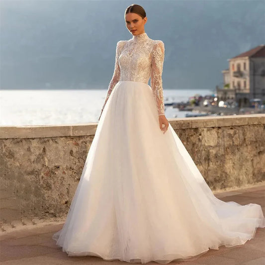 Vestidos de novia de encaje con purpurina vintage, apliques de cuello alto, mangas casquillo, botones, vestidos de novia con falda de tul, vestido de novia 