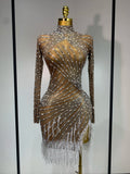 Luxury Rhinestone Tight Short Dress Women Long Sleeve Evening Party Prom Gown Birthdy Nightclub Performance Costume Stage Outfit Light Brown