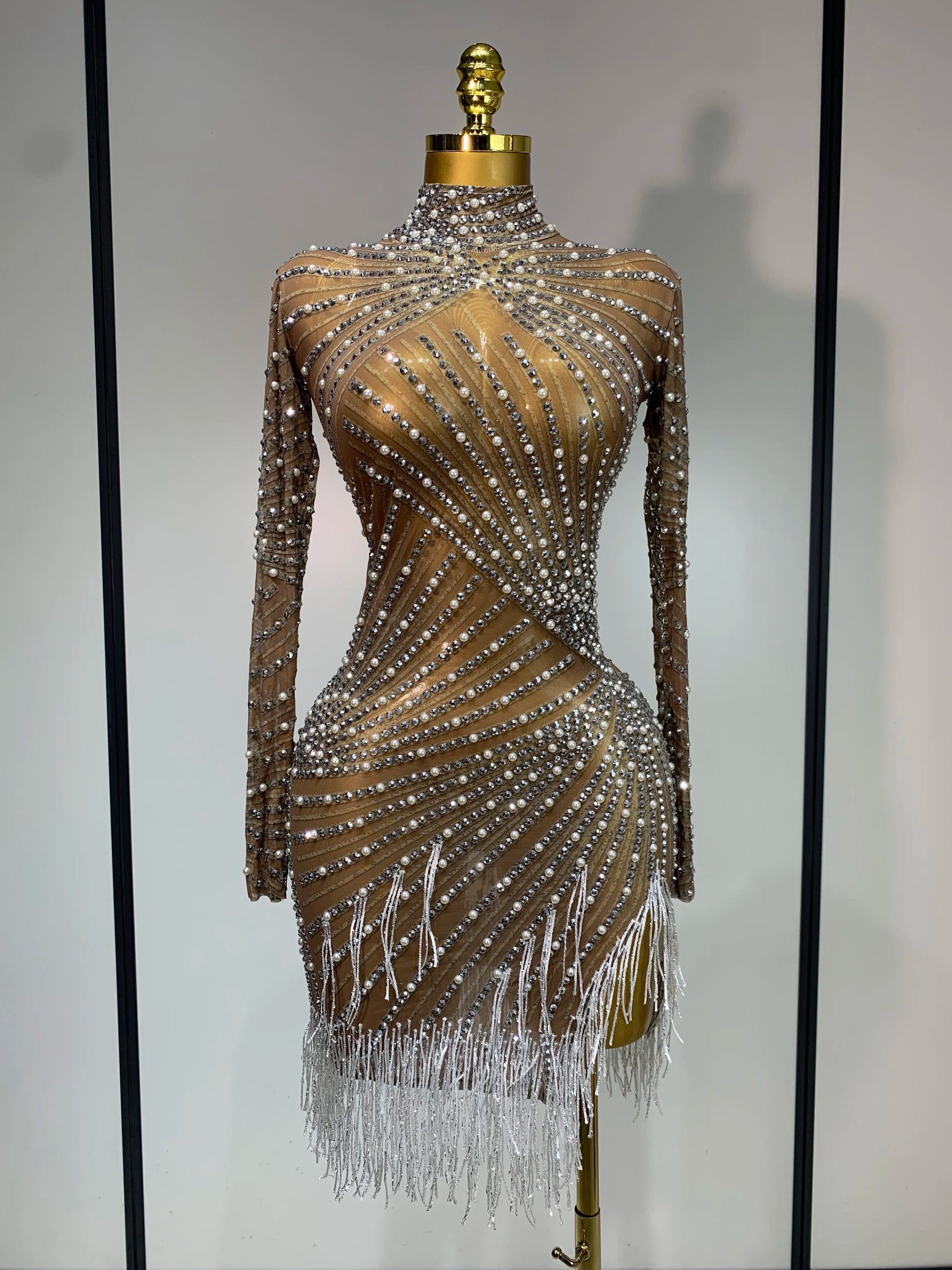 Luxury Rhinestone Tight Short Dress Women Long Sleeve Evening Party Prom Gown Birthdy Nightclub Performance Costume Stage Outfit Light Brown