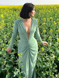 Deep V Plunge Long Dress For Women Folded Long Sleeves Pleated Bodycon Elegant Celebrity Evening Party Cocktail Gowns Vestido