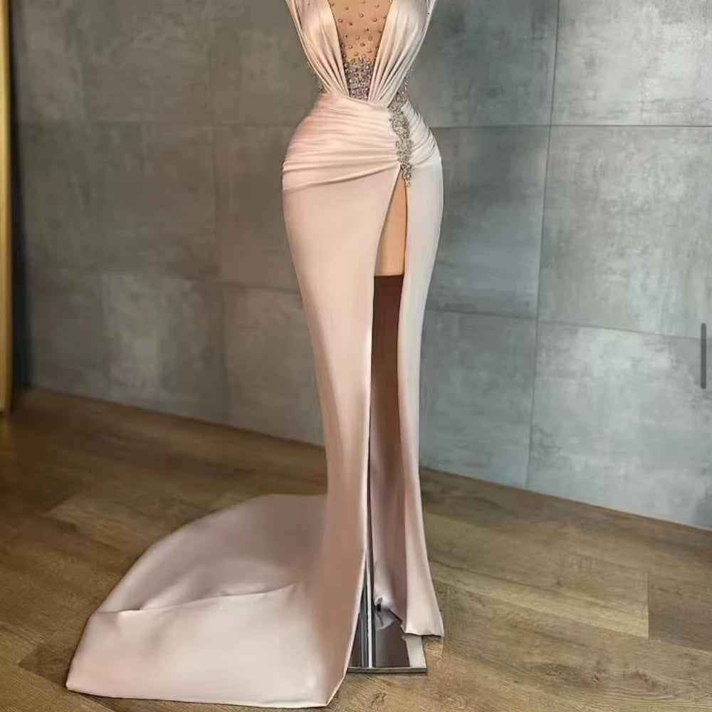 Sexy Women Elegant Baby Pink Pile Evening Dress Luxury Pearls Beading Formal Party Night Dresses