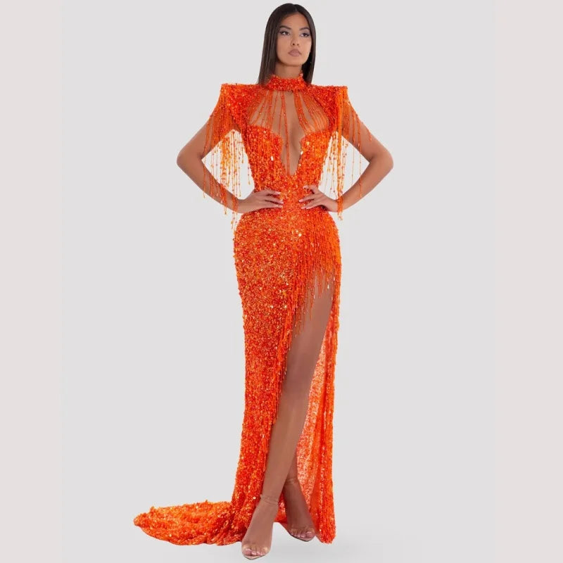 Orange Sequins Bead Tassel Hollow Out High Slit Floor Lenght Dress Woman Birthday Party Dress Stage Performance Cos Orange