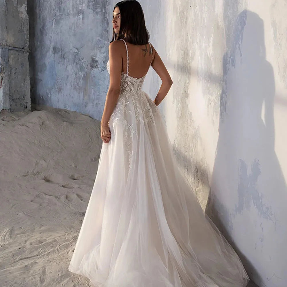 Spaghetti Strap Wedding Dress A-Line Sleeveless Side Slit Lace Appliques Backless Custom Made To Measures Robe De Mariee Beach 14w