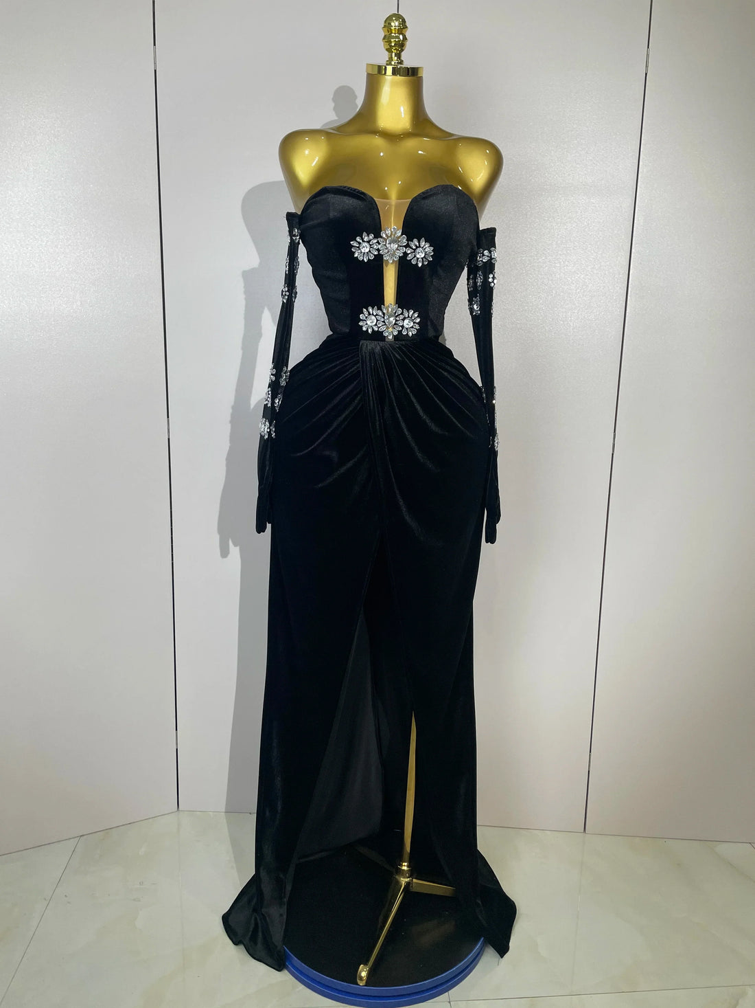 Sparkly Rhinestones Mesh Sexy Split Velvet Gloves Long Dress Women Birthday Celebrate Wedding Gown Stage Photo Shoot Wear black