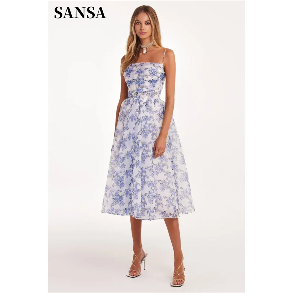Boho Blue Knee Lenght Prom Dress Spaghetti Strap A-line Vestidos De Fiesta Sweet Flowers And Plants Evening Dress