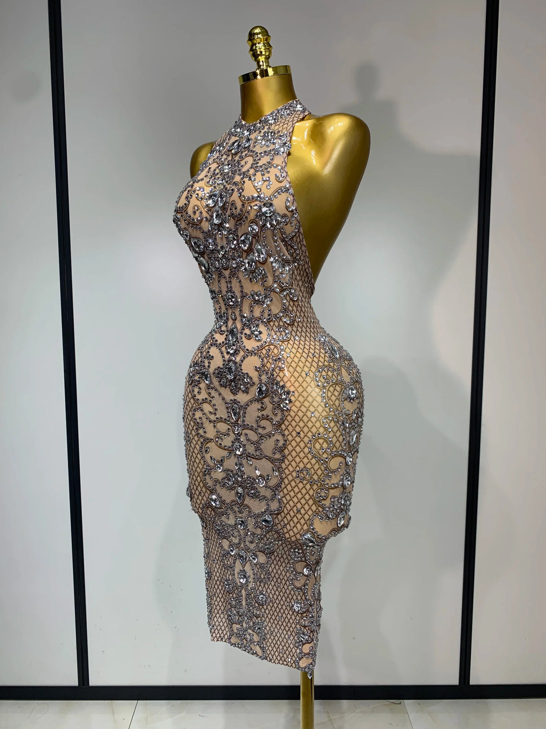 Women Sexy Backless Mesh Crystal Diamonds Performance Costume Stage Dancer See Through Stretchy Nightclub Evenig Party Dresses Khaki