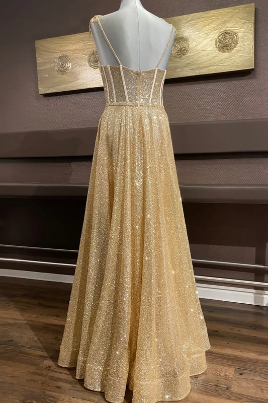 Glittery Prom Dresses Sequined Sparkly Rhinestone Illusion Gold Spaghetti Strap A Line Long Floor Length Evening Gowns Custom
