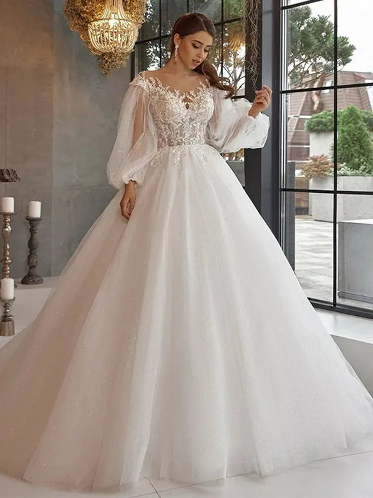 Shiny Glitter Lace Wedding Dresses Puff Sleeve Appliques Pearls off Shoulder Tulle Boho Bride Gown vestidos de novia Ivory 24w