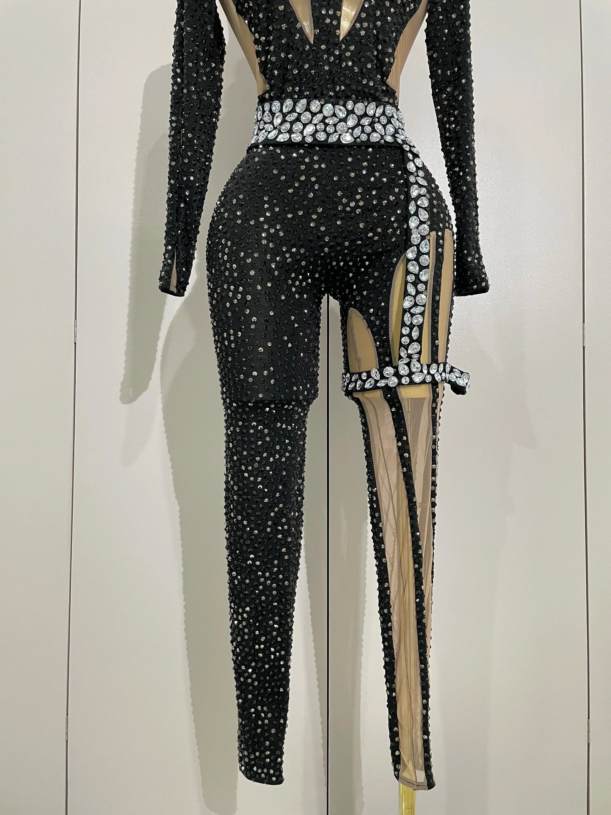 Sexy Sparkly Full Diamond Black Perspective Waist Cinching Asymmetrical Mesh Jumpsuit Birthday Party Nightclub Stage Costume