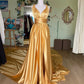 فساتين مناسبة رسمية Float Prom Dress Silk Long Sweep Train Party Dresses Luxury Gold V-neck Vestidos De Noche