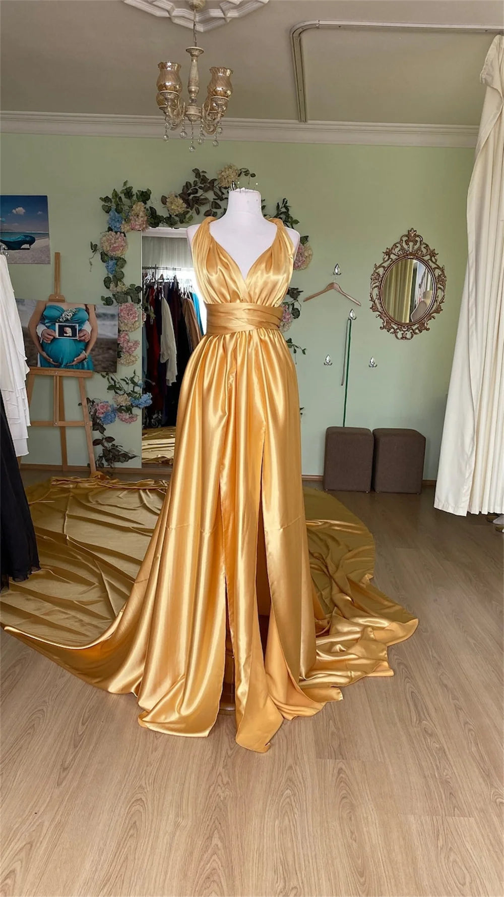 فساتين مناسبة رسمية Float Prom Dress Silk Long Sweep Train Party Dresses Luxury Gold V-neck Vestidos De Noche