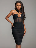 Sexy Women'S Black Chiffon Dress Hanging Neck Style Sleeveless Three-Dimensional Flower Design Bodycon Backless Mini Dress black