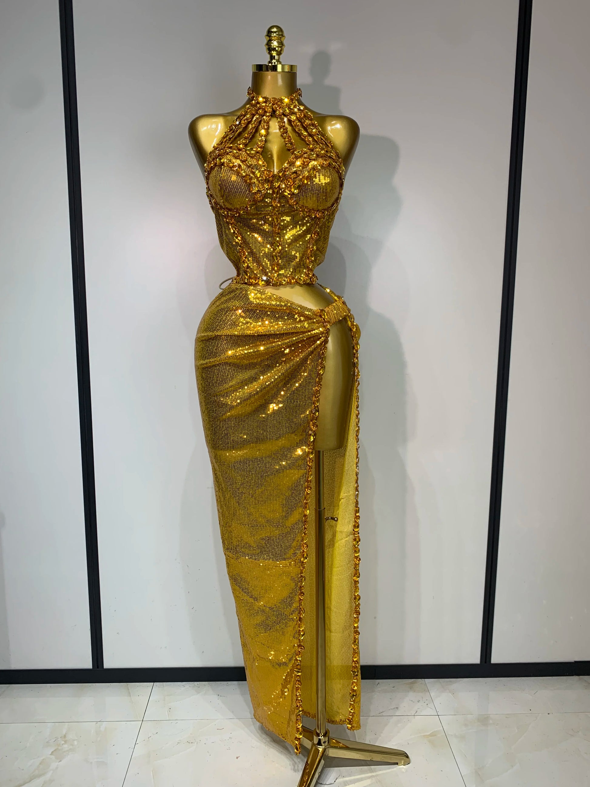 Women Sparkly Silver Rhinestones Top Long Skirt Two Pieces Set Singer Dancer Performance Costume Nightclub Stage Wear Gold