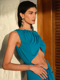 Turquoise Sleeveless Draped Dress with Waist Cutout for Fashion Party Prom Gown