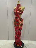 Sexy Shiny Colorful Rhinestone Hollow Out Long Dress Women Celebrate Evening party Nightclub Singer Stage Photo Shoot Costume