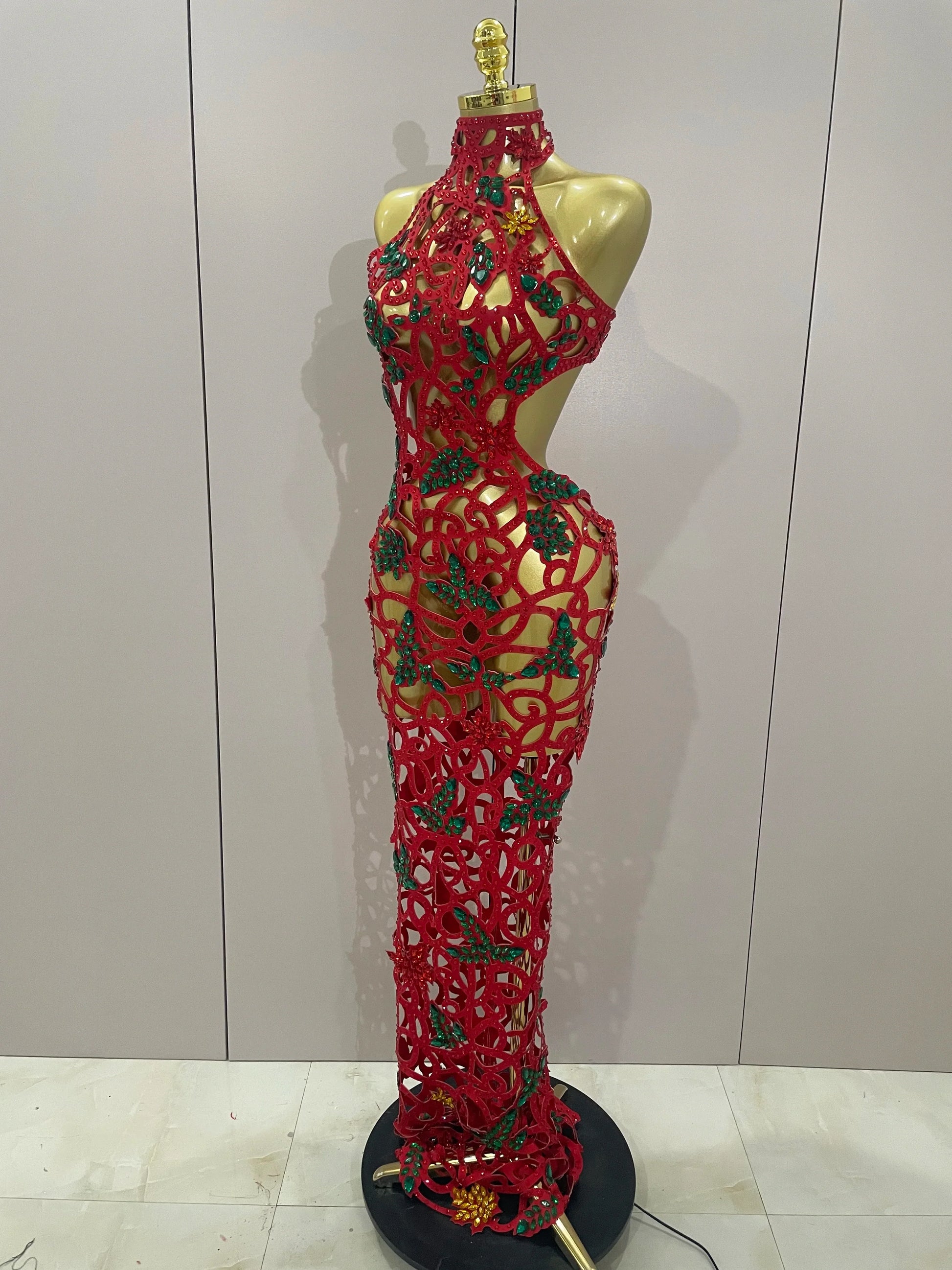 Sexy Shiny Colorful Rhinestone Hollow Out Long Dress Women Celebrate Evening party Nightclub Singer Stage Photo Shoot Costume