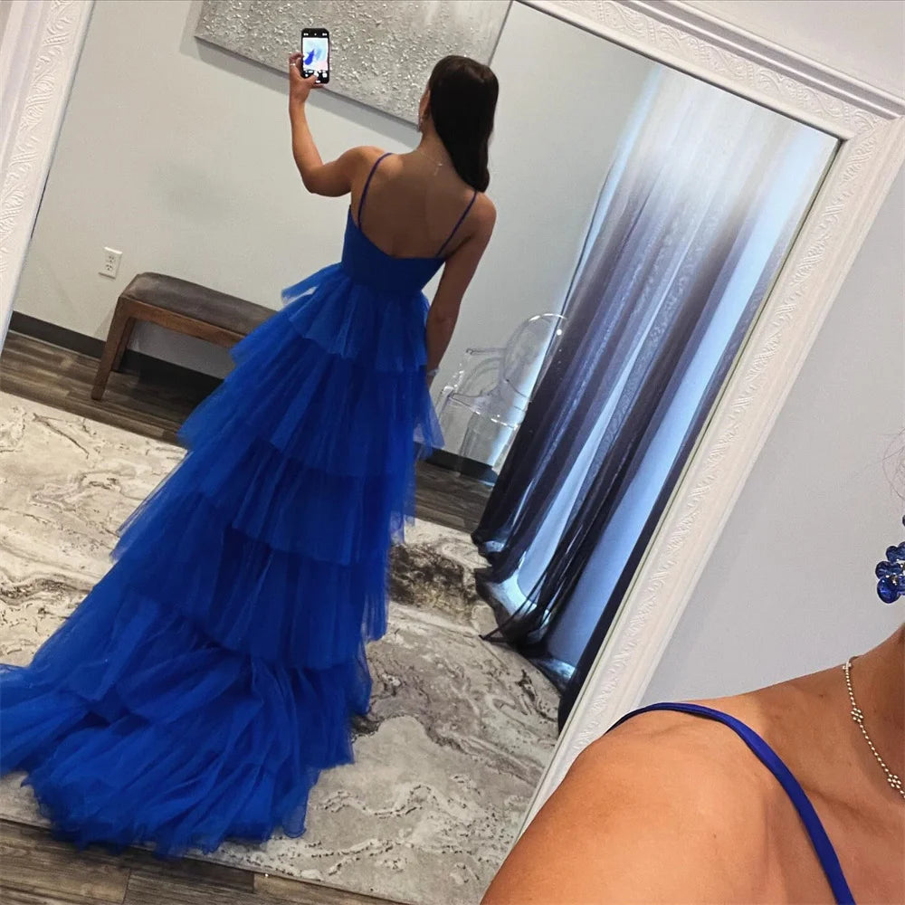 Dark Blue Prom Dresses Halter Neck Tulle Evening Dress Elegant Sleeveless Backless Tower Style Party vestidos de fiesta