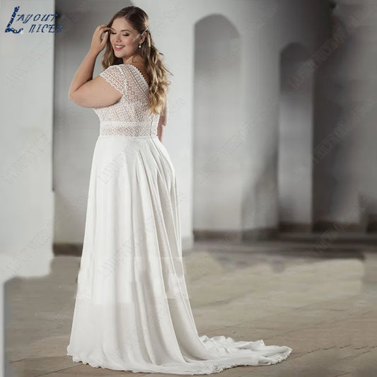 Elegantes V-Ausschnitt-Hochzeitskleid Kurzärärmische Rückenfreie Chiffon-Brautkleider A-Line Plus Size Bridal Vestidos Para Mujer