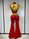 Women Luxury Rhinestone Red Sexy Cut Out Two Piece Pants Bandage Set Celebrity Designer Fashion Women's Set Stage Outfit