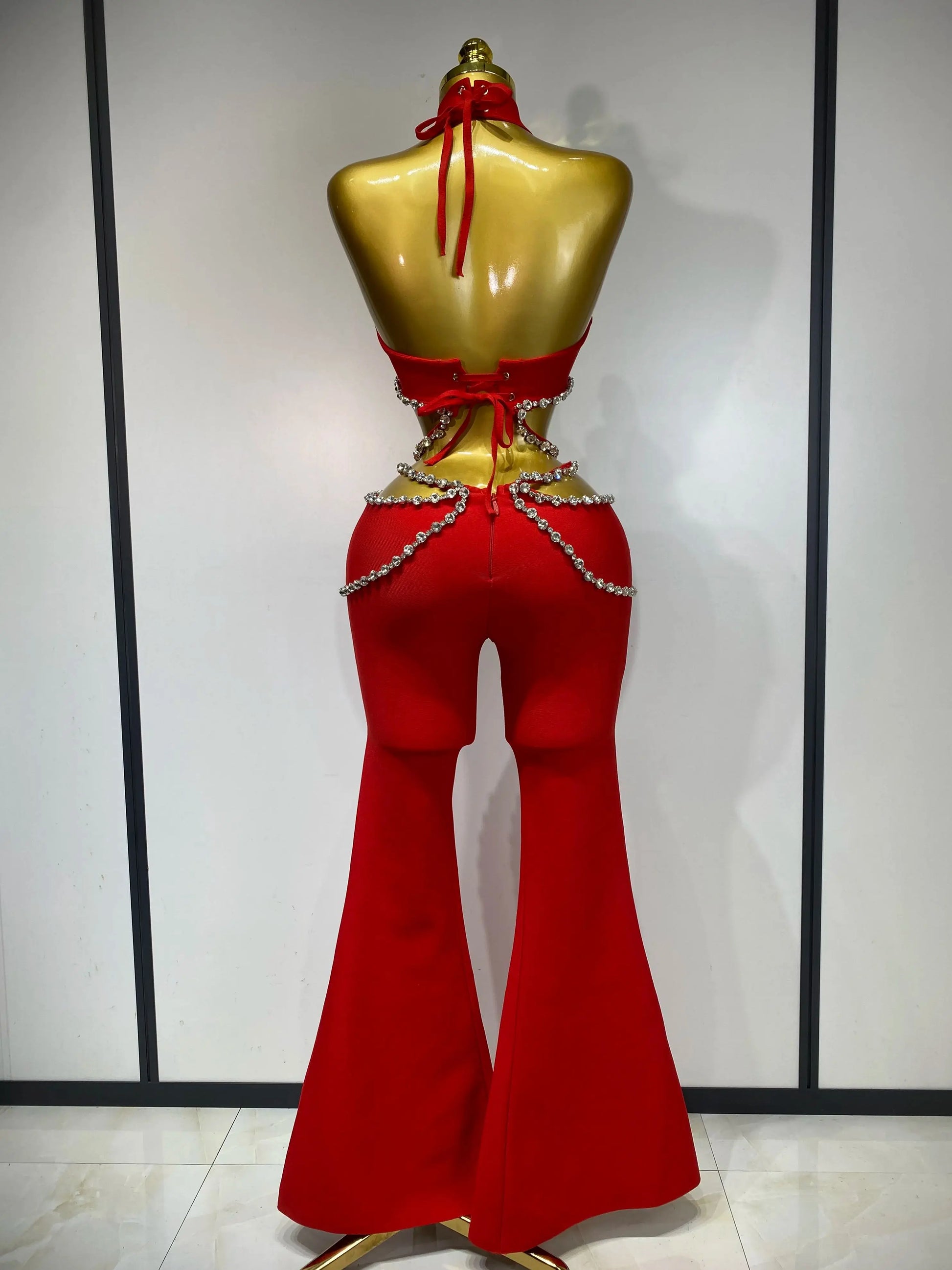 Women Luxury Rhinestone Red Sexy Cut Out Two Piece Pants Bandage Set Celebrity Designer Fashion Women's Set Stage Outfit