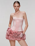 Dreamy Adorable Pastel Pink Two-Piece Set Dress Halter Corset Top and Ruffled Mini Skirt for Trendy Occasions Evening Gown
