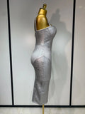 Women Sleeveless Sexy Silver V Neck Bodycon Midi Bandage Dress Celebrate Nightclub Party Birthday Dress Wedding Guest Dress