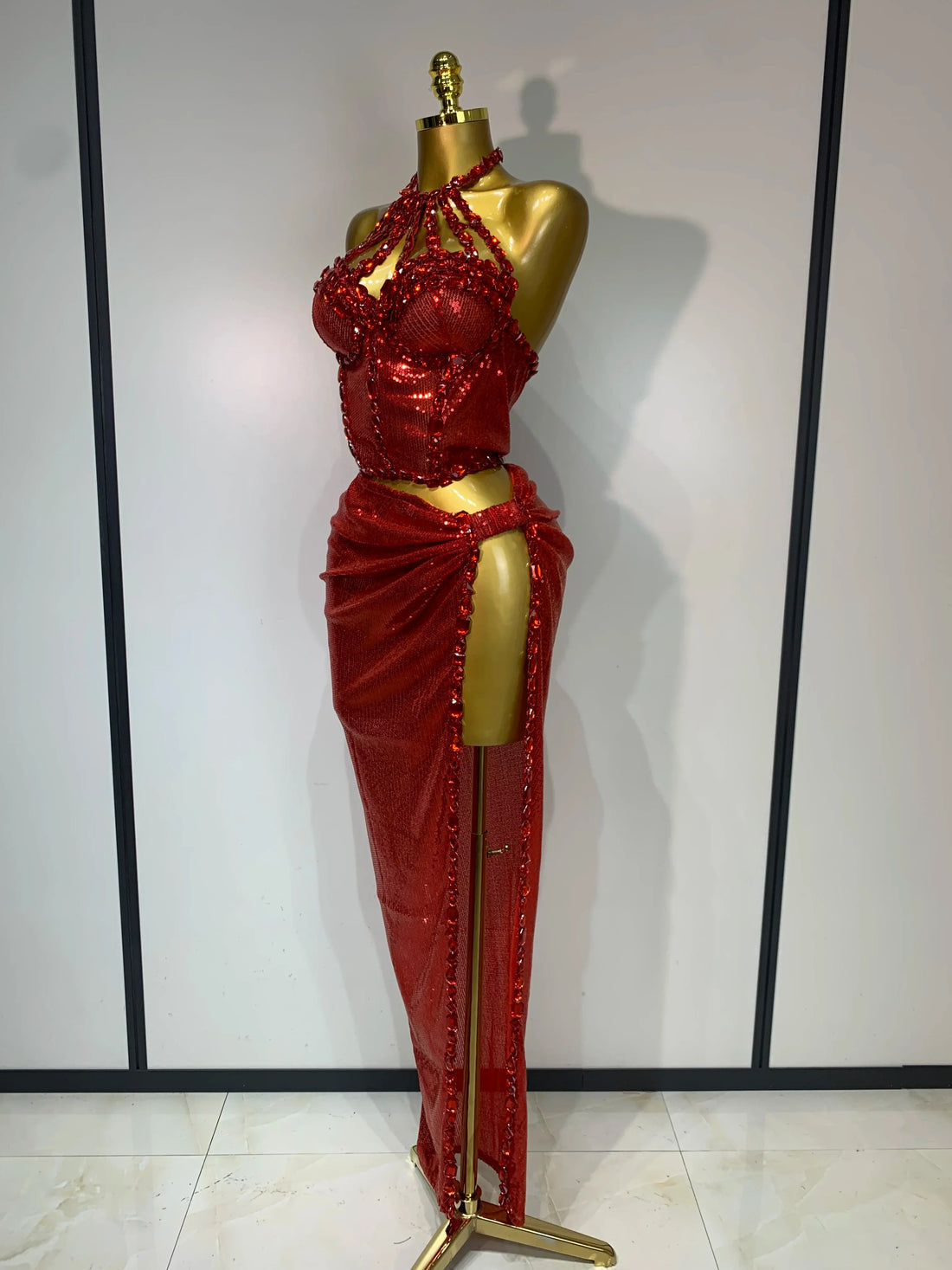 Sexy Backless Shiny Diamond Two Piece Set Women Elegant Evening Party Luxury Birthday Nightclub Singer Stage costume Red