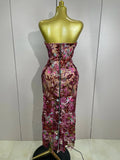 Sexy Strapless Floral Sequin Long Dress Women Sequins Flower Backless Long Slim Dress Evening Party Runway Gown Dress
