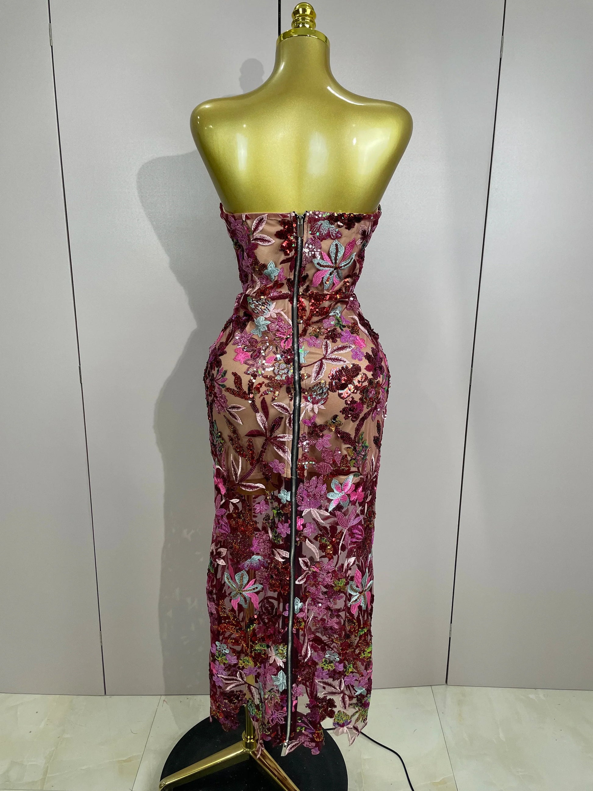 Sexy Strapless Floral Sequin Long Dress Women Sequins Flower Backless Long Slim Dress Evening Party Runway Gown Dress
