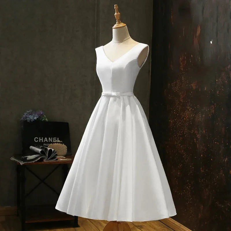 Sexy V Neck White Satin Midi Bride Dress Summer Elegant Prom Evening Wedding Bridesmaid Guest Long Party Dresses for Women White