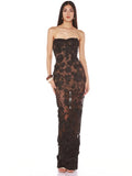Glamorous Black Strapless Mesh Dress with 3D Floral Embellishments and Side Slit for Stylish Evening Gown