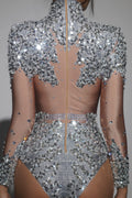 Sparkly Gold Silver Rhinestone Sequin Stretch Bodysuits Women Birthday Party Nightclub Dancer Stage Performance Costume