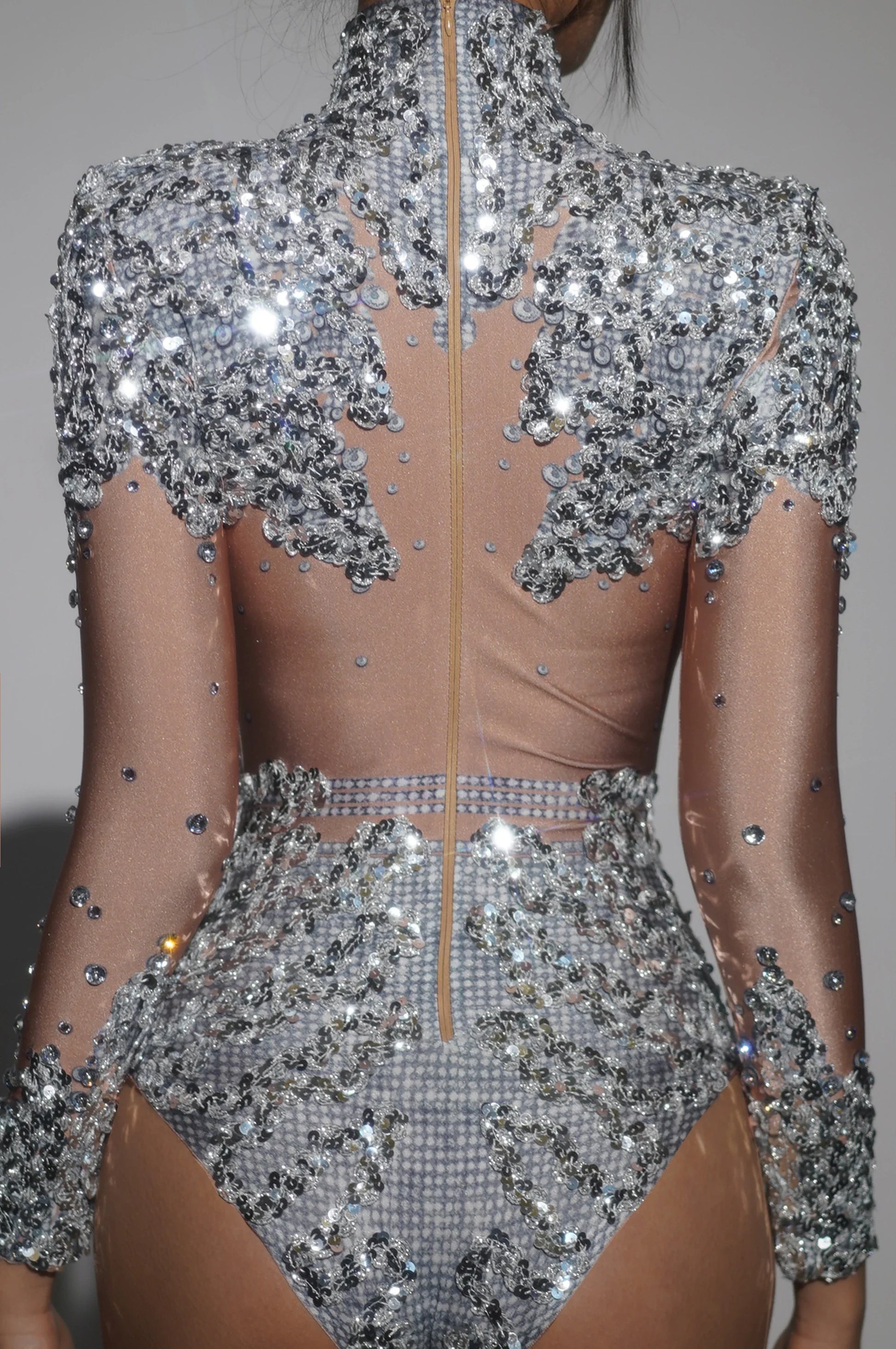 Sparkly Gold Silver Rhinestone Sequin Stretch Bodysuits Women Birthday Party Nightclub Dancer Stage Performance Costume