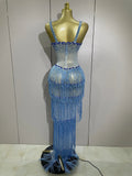 Sparkly Rhinestones Tassel sexy Mesh Slip Long Dress Women Celebrate Evening Prom Birthday paty Dress Photoshoot Stage Wear