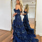 Mist Blue Beaded Off Shoulder Tulle Wedding Dress Shiny Sequins A-line Custom Dresses High-low Long Train vestido feminino