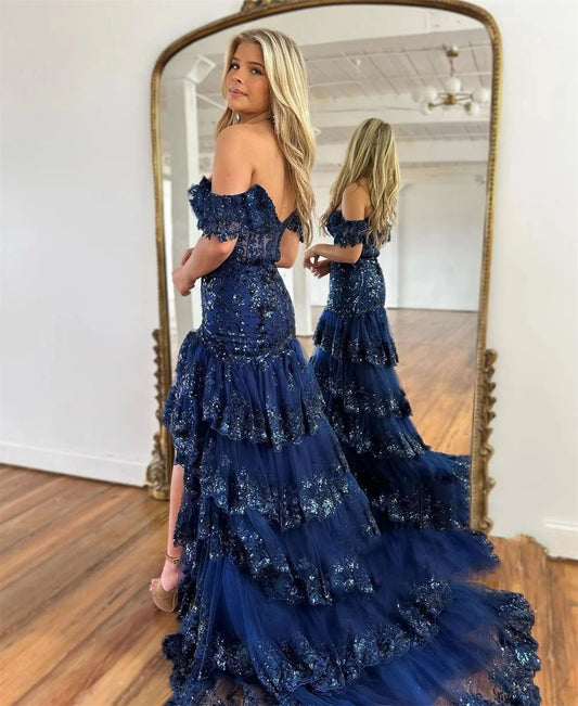 Mist Blue Beaded Off Shoulder Tulle Wedding Dress Shiny Sequins A-line Custom Dresses High-low Long Train vestido feminino