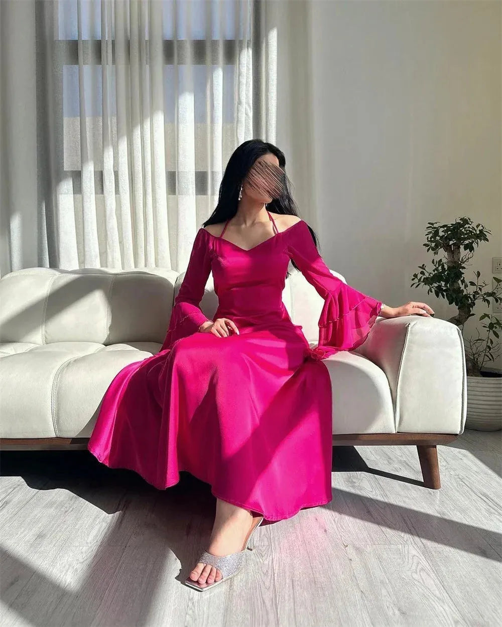 Fuchsia Trumpet Sleeve Vestidos De Noche Elegant V-neck Knee Lenght Prom Dress 30D Chiffion Mermaid فساتين السهرة