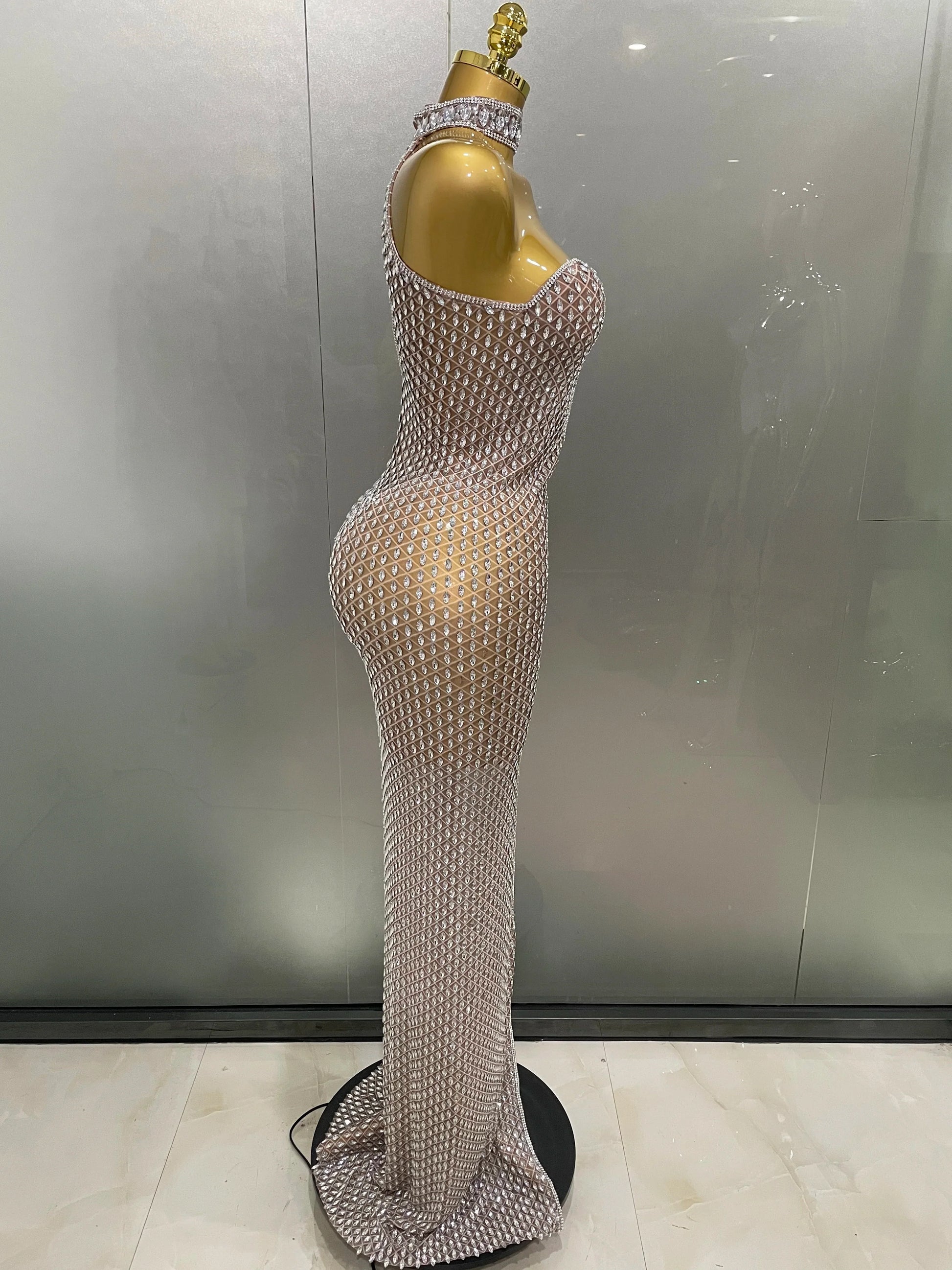 Luxurious Full Rhinestones Mesh Transparent long dress Women Birthday Celebrate Evening Prom Dress party Club Stage Costume