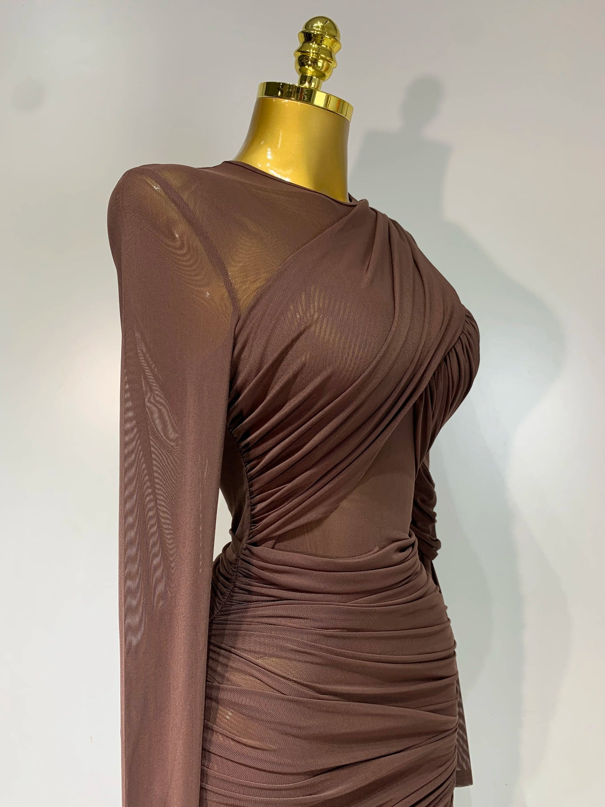 Elegant Brown Mesh Fold Long Sleeve Bodycon Dress Women Evening Party Club Sexy Perspective Fashion Luxury Birthday Dresses