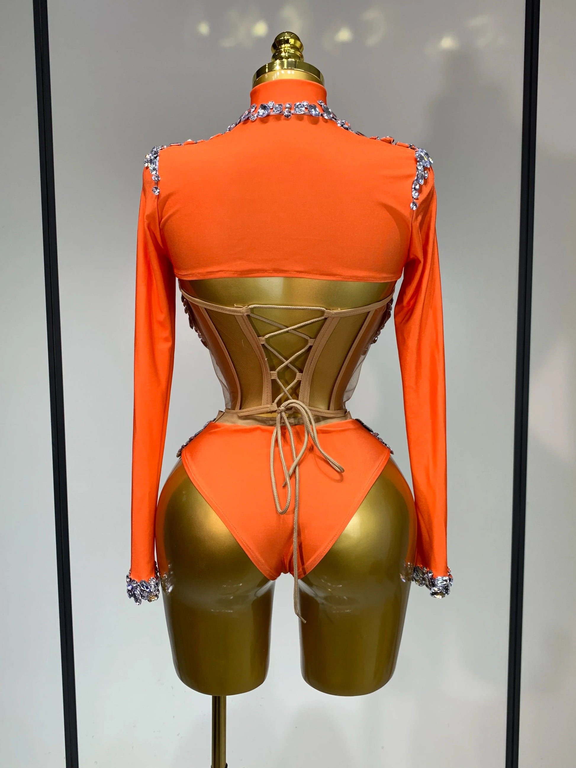 Sparkly Rhinestone Stage Outfit Women Long Sleeve Three Piece Set Dance Drag Queen Nightclub Evening Party Birthday Costume