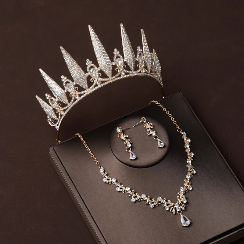 Luxury Silver Color Crystal Water Drop Bridal Jewelry Sets Rhinestone Tiaras Crown Necklace Earrings Wedding Dubai Jewelry Set TS-0008-C-XL-0004-B Tiaras